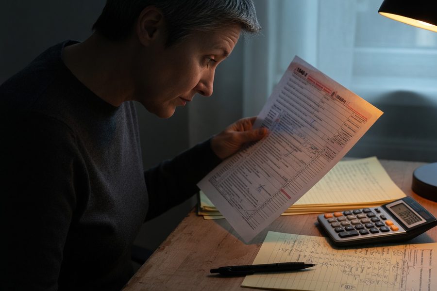 Organized tax document filing system showing receipts, mileage logs, and 1099 forms by category
