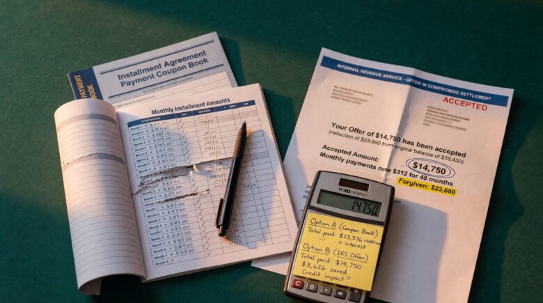 Comparison chart showing IRS payment plan vs offer in compromise approval rates and costs