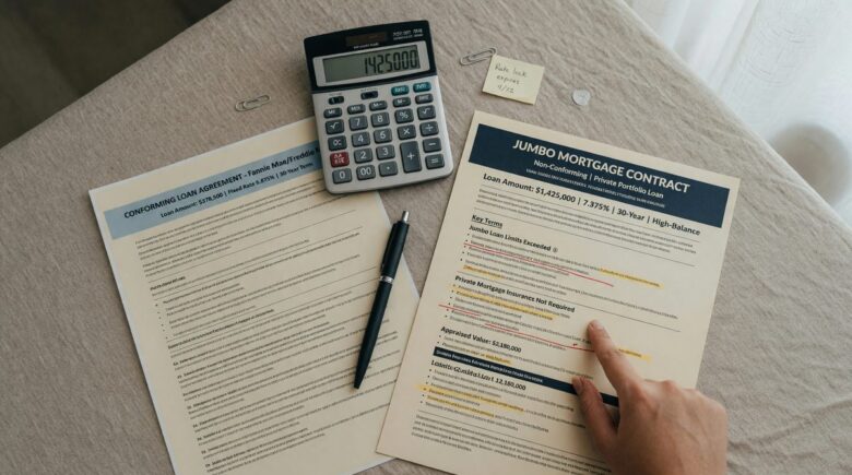 Comparison chart showing jumbo mortgage vs conforming loan requirements and limits