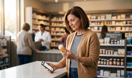 Person reviewing prescription medication bottles alongside an insurance explanation of benefits document at a kitchen table