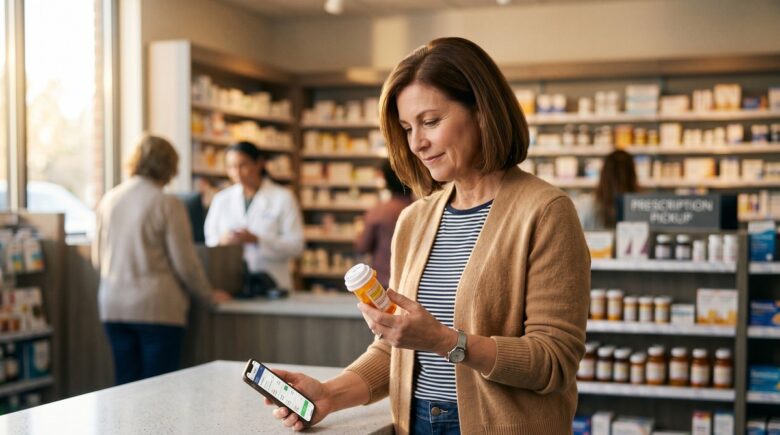 Person reviewing prescription medication bottles alongside an insurance explanation of benefits document at a kitchen table