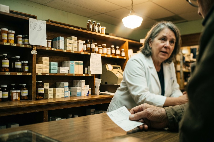 Split-screen comparison of prescription prices at pharmacy counter versus mail-order and online cash prices