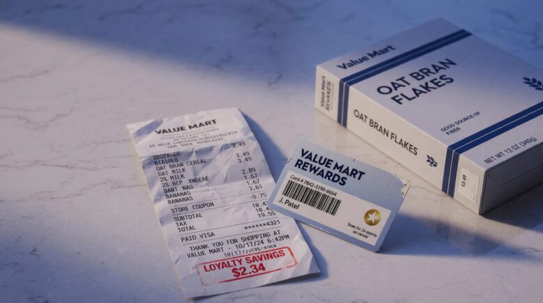 Comparison of grocery loyalty card and store brand products on a shopping receipt