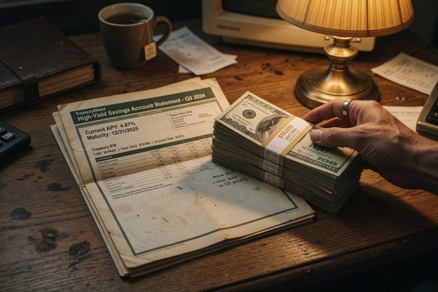 Person reviewing financial documents at a desk, looking calm and organized