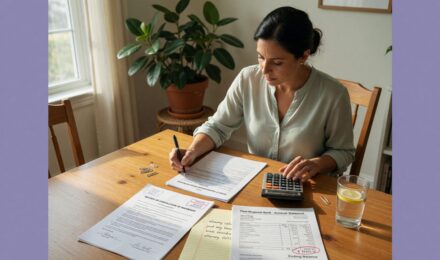 Person reviewing financial documents and budget spreadsheet after divorce settlement