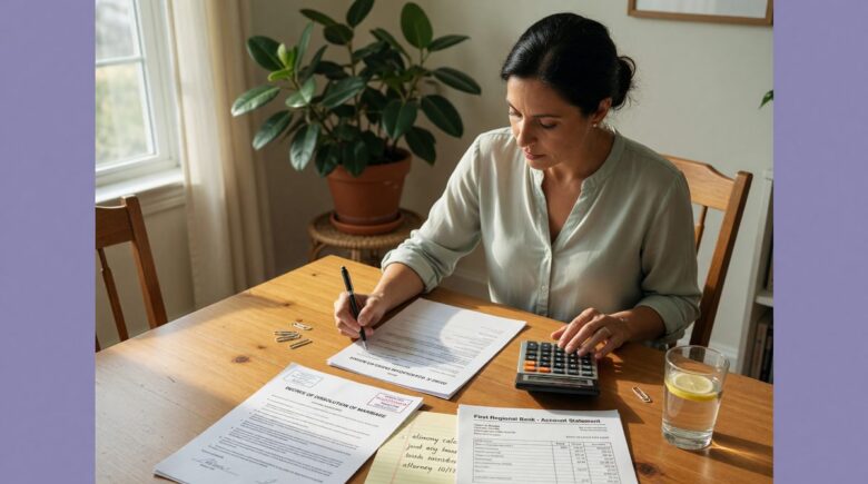 Person reviewing financial documents and budget spreadsheet after divorce settlement