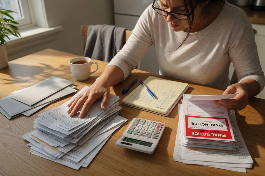 Newly divorced person reviewing a monthly budget spreadsheet at a kitchen table