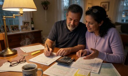 Married couple reviewing tax documents and calculator to calculate annual tax savings