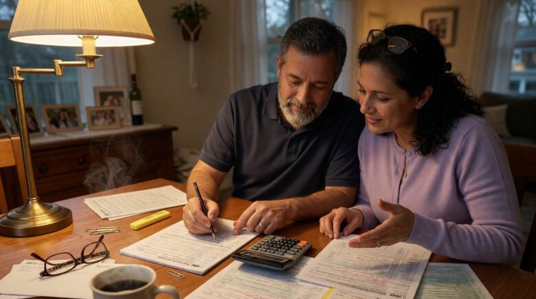Married couple reviewing tax documents and calculator to calculate annual tax savings