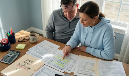 Married couple reviewing tax documents and calculator to compare filing separately versus jointly