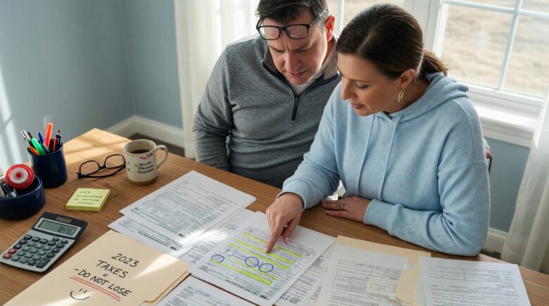 Married couple reviewing tax documents and calculator to compare filing separately versus jointly