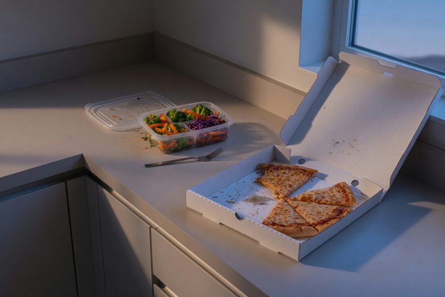 A cluttered refrigerator with wilting vegetables and multiple half-used containers, illustrating meal plan waste