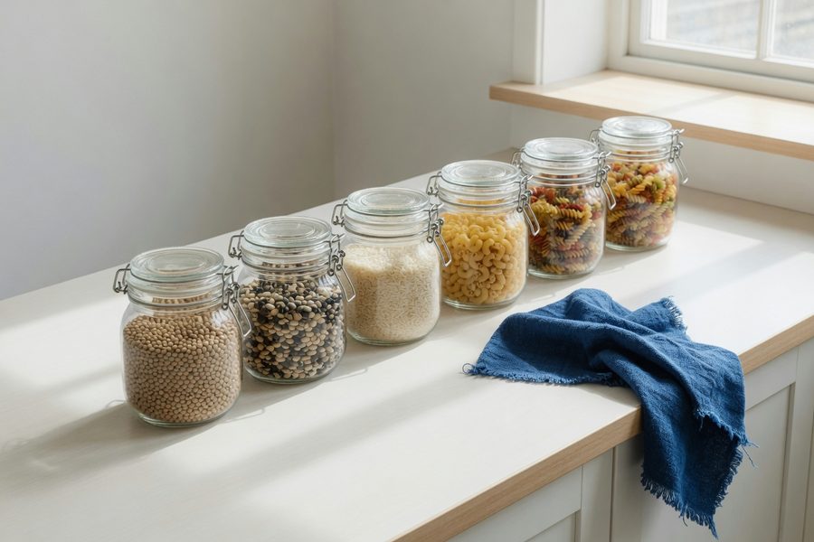A pantry stocked with staple ingredients like rice, beans, and canned goods, contrasting specialty items