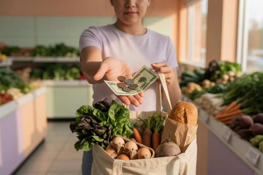 A shopper holding a small basket with only a few fresh items, illustrating capped trips