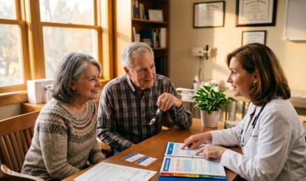 Older adult reviewing Medicare plan documents at a kitchen table with reading glasses and a laptop open