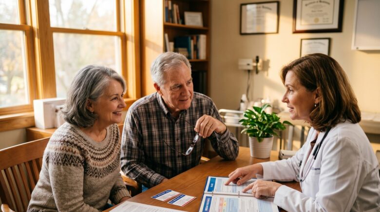 Older adult reviewing Medicare plan documents at a kitchen table with reading glasses and a laptop open