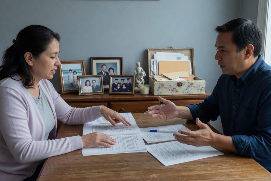 Couple reviewing estate documents with attorney