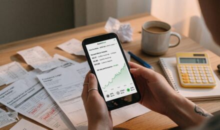 Smartphone displaying a micro-investing app dashboard with fractional shares and round-up settings for freelance income