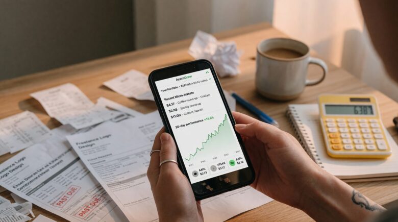 Smartphone displaying a micro-investing app dashboard with fractional shares and round-up settings for freelance income
