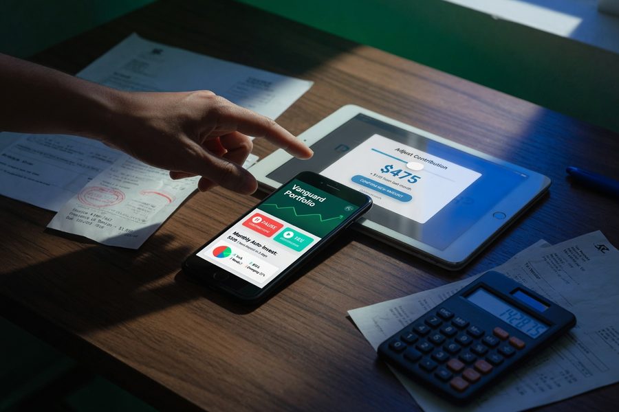 Freelancer checking a micro-investing app dashboard on a smartphone at a home desk