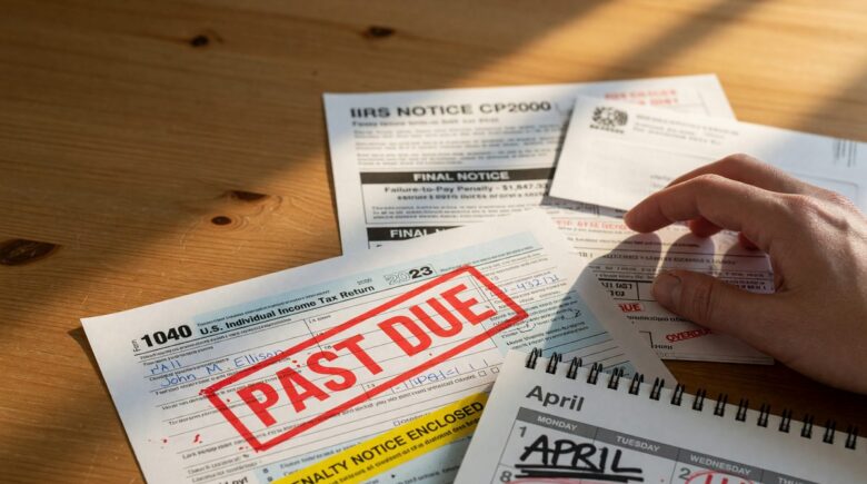Calendar showing missed tax deadline date with penalty notice and calculator