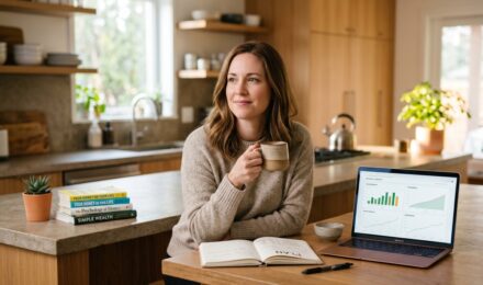 Person reviewing investment and savings charts at a desk, going beyond a basic monthly budget to track net worth and build wealth