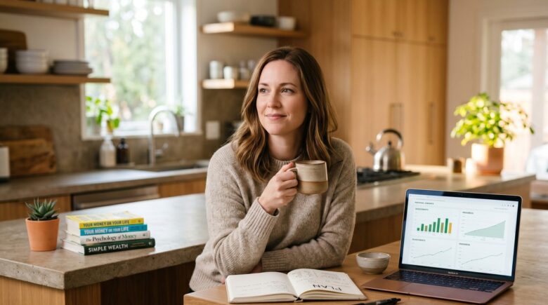 Person reviewing investment and savings charts at a desk, going beyond a basic monthly budget to track net worth and build wealth