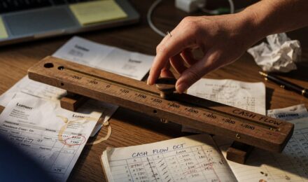Freelancer reviewing budget and cash flow spreadsheet at desk with laptop and notebook