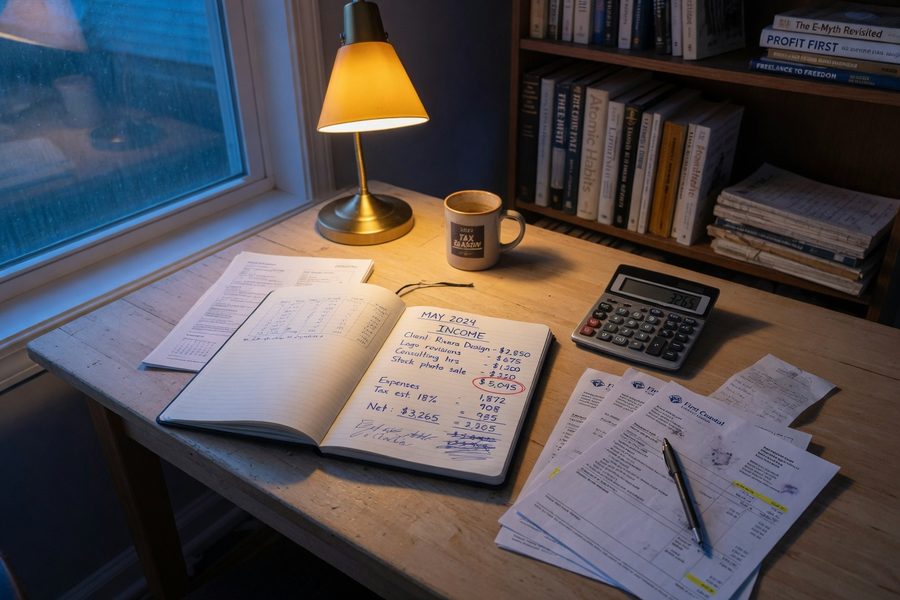 Freelancer reviewing 12 months of income data on laptop with spreadsheet open