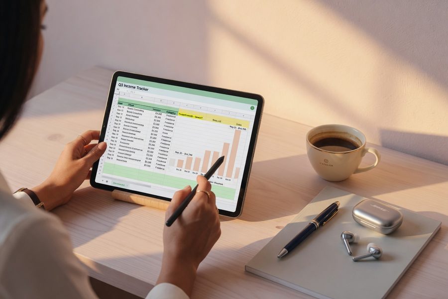 Three labeled bank accounts on screen showing business, tax reserve, and personal checking flow