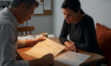 Couple reviewing household budget and expense split based on income proportions