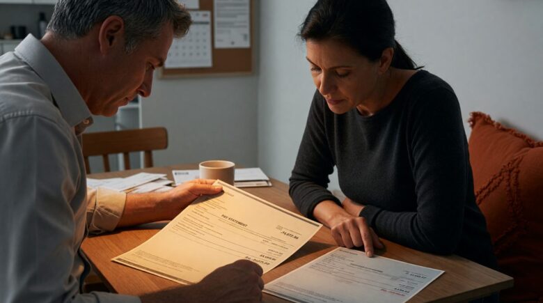 Couple reviewing household budget and expense split based on income proportions