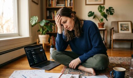 A millennial woman in her 30s reviewing her finances on a laptop at a kitchen table, looking concerned