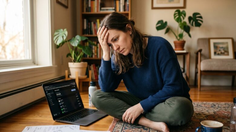 A millennial woman in her 30s reviewing her finances on a laptop at a kitchen table, looking concerned