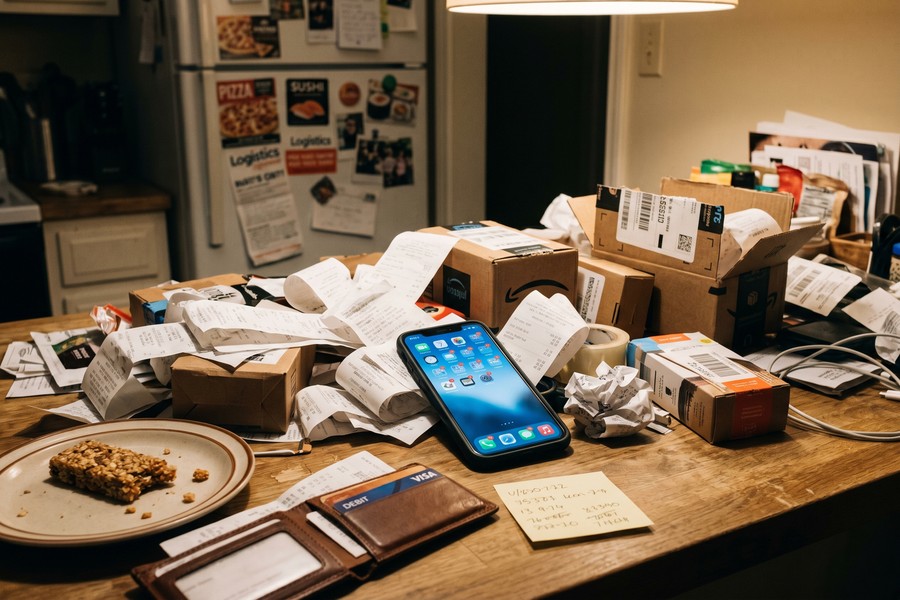 Close-up of a person organizing financial documents and a debt repayment plan on a kitchen table
