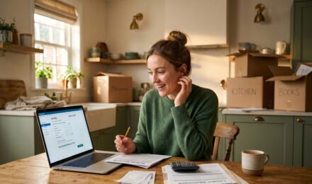 First-time homeowner reviewing mortgage interest deduction paperwork at a kitchen table with a laptop and tax documents