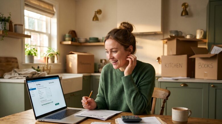 First-time homeowner reviewing mortgage interest deduction paperwork at a kitchen table with a laptop and tax documents