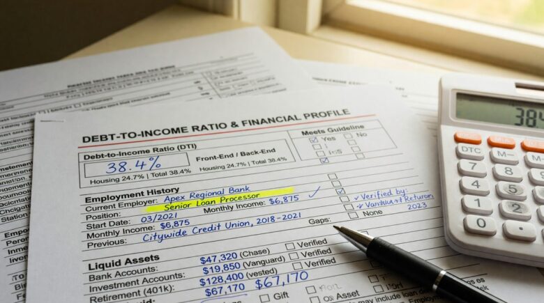 Breakdown of mortgage lender approval factors including credit score, debt-to-income ratio, employment history, and down payment