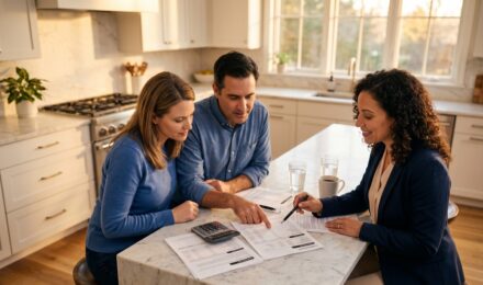 Homebuyer reviewing mortgage point cost calculations at a desk with a loan estimate document and calculator