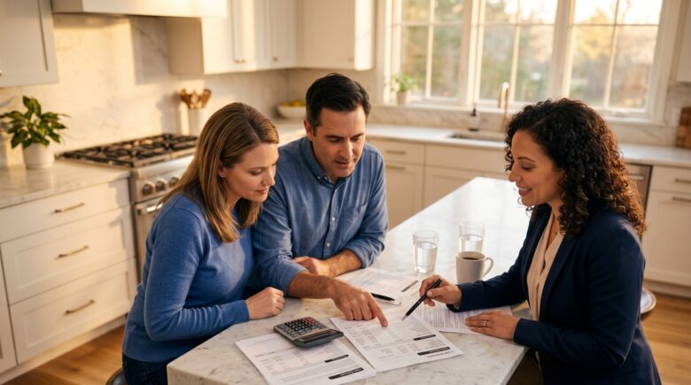 Homebuyer reviewing mortgage point cost calculations at a desk with a loan estimate document and calculator