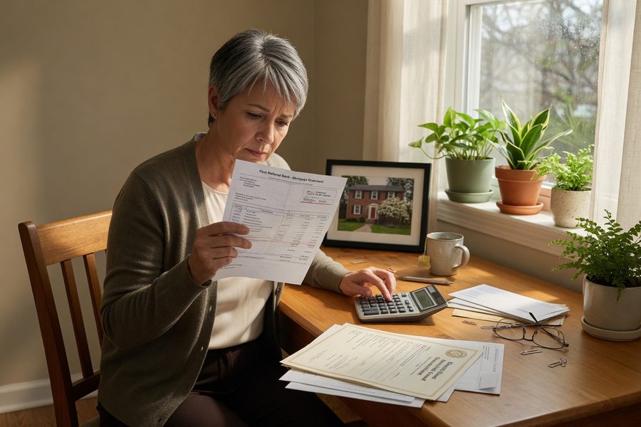 Homeowner reviewing financial documents at kitchen table, concerned expression