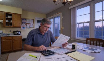 Calculator and mortgage documents showing refinance break-even analysis with 2026 interest rates