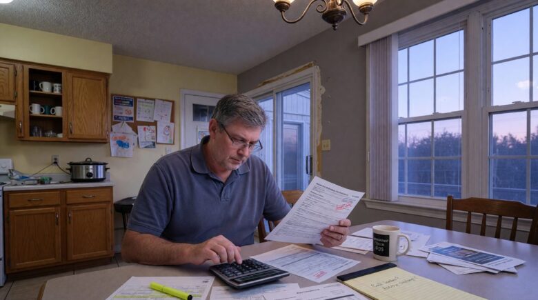 Calculator and mortgage documents showing refinance break-even analysis with 2026 interest rates