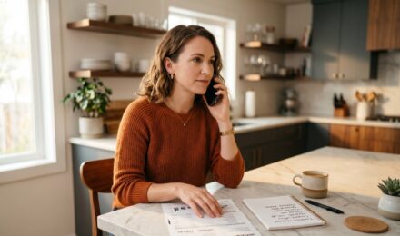 Person on a phone call reviewing a monthly bill statement at a home desk with a laptop and notepad nearby