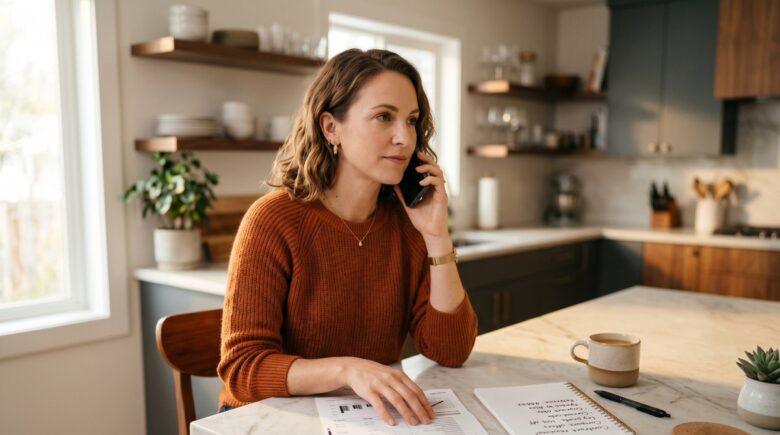 Person on a phone call reviewing a monthly bill statement at a home desk with a laptop and notepad nearby