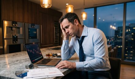 A high earner reviewing financial statements showing a large income but low net worth