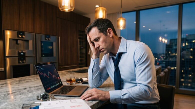 A high earner reviewing financial statements showing a large income but low net worth