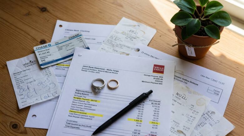 Young married couple reviewing financial documents and discussing their budget at home