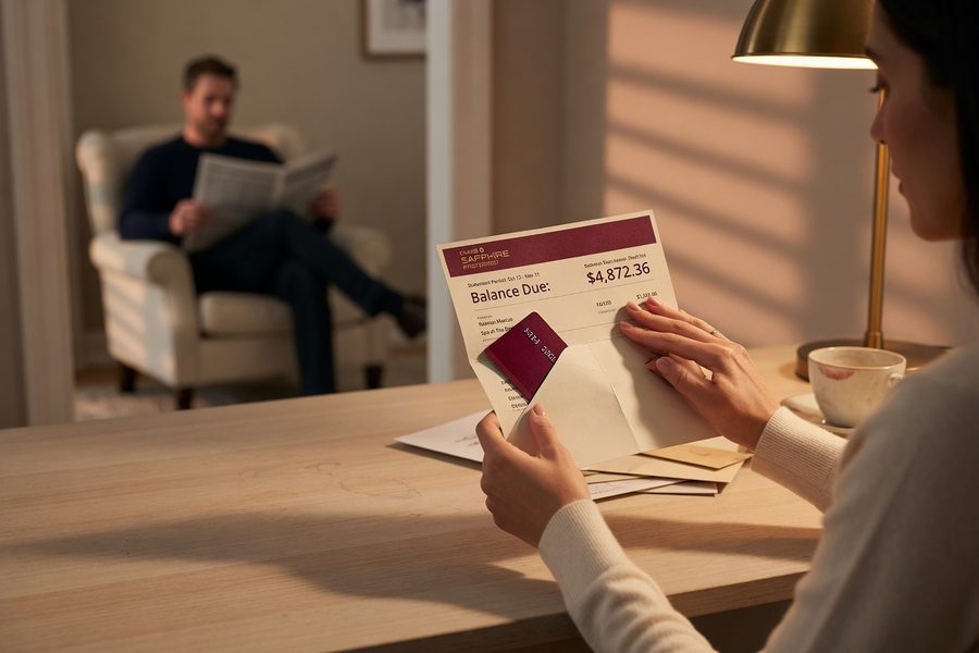 Couple reviewing financial documents and credit reports together at a kitchen table