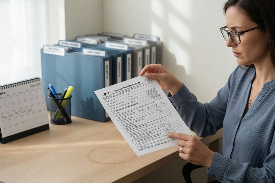 Newlywed couple reviewing insurance documents and updating beneficiary forms at home
